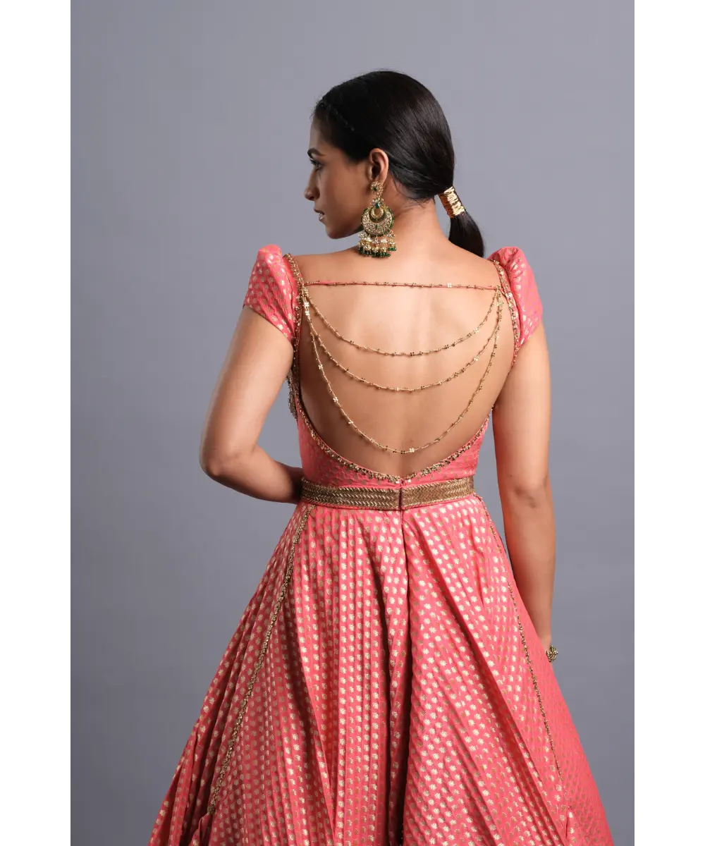 AASTHA SOOD - Crimson brocade Gown with Plunge neck and Belt